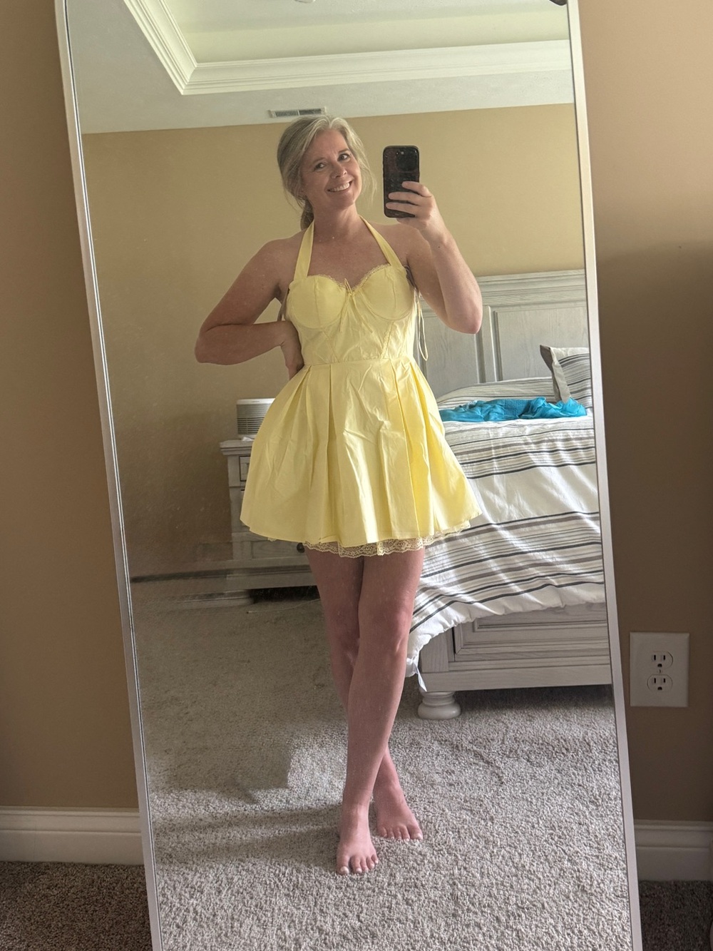 Yellow Halter Mini Dress with Lace Trim